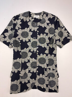 Tamotsu New York Metallic Sunflower Jacquard Peplum Top Navy Silver Size S VTG